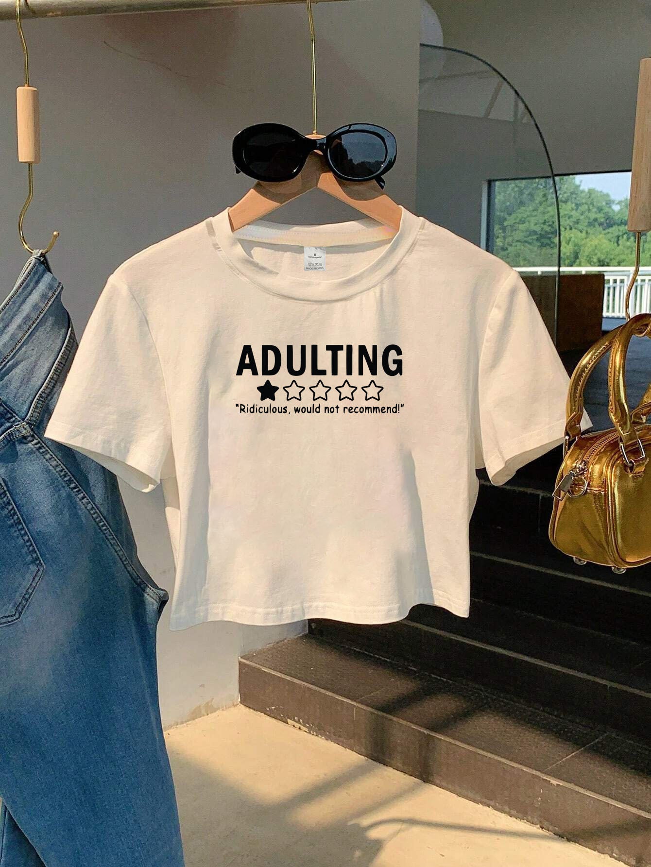 Women'S Y2K Style "Adulting" Printed T-Shirt, Polyester 100% Knit Fabric, Short Sleeve Crew Neck, Skinny Fit, Geometric Pattern, Applique Detail, Spring/Summer Casual Top