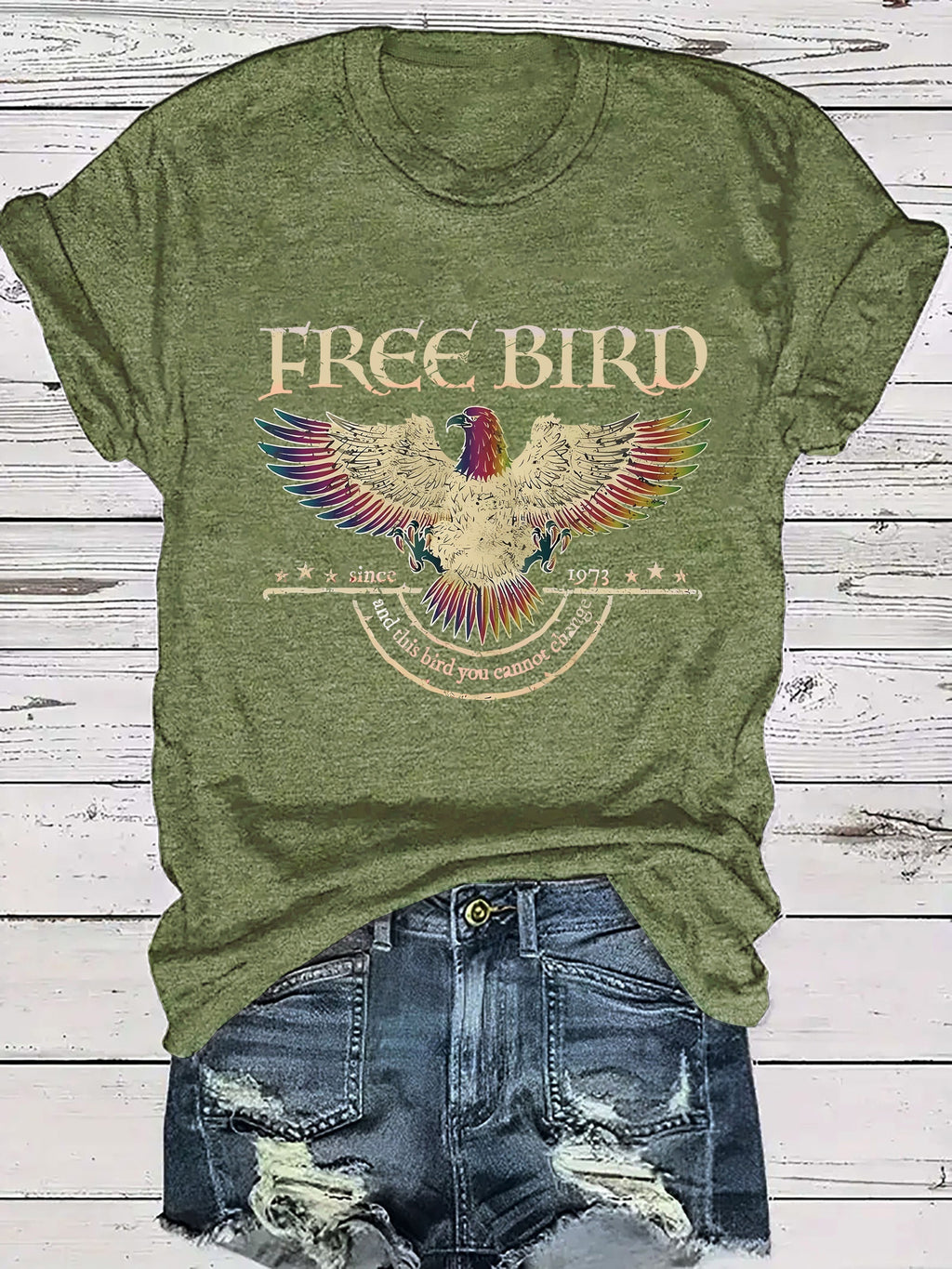 Women's Casual Graphic Letter Print T-Shirt - Vibrant Orange FREE BIRD Design with Eagle & Stars, Fitted Round Neck, Medium Stretch, Machine Washable All-Season Comfort, T-shirt Stylish, Comfortable Clothing, Mediumstretch Fabric