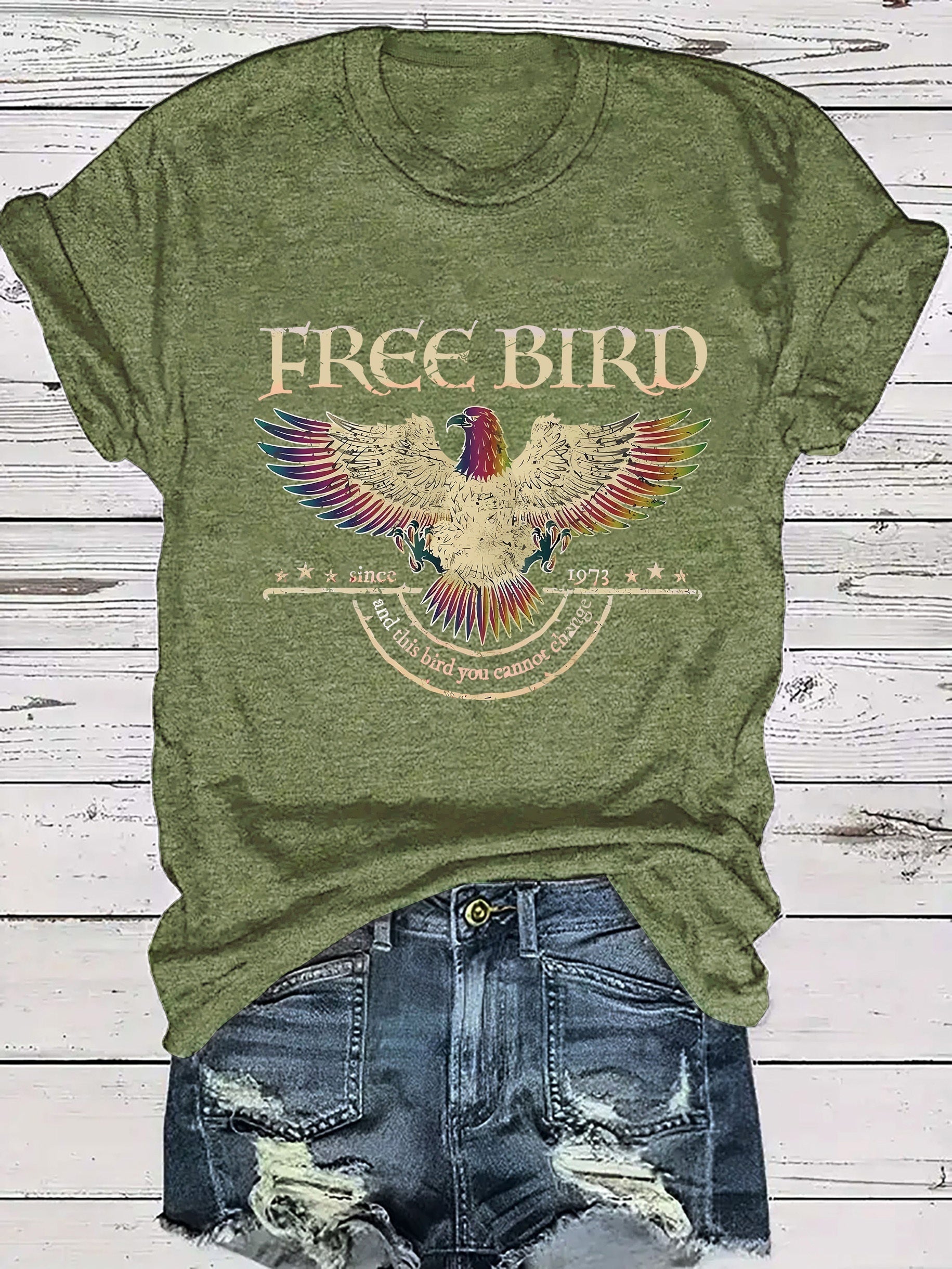 Women's Casual Graphic Letter Print T-Shirt - Vibrant Orange FREE BIRD Design with Eagle & Stars, Fitted Round Neck, Medium Stretch, Machine Washable All-Season Comfort, T-shirt Stylish, Comfortable Clothing, Mediumstretch Fabric