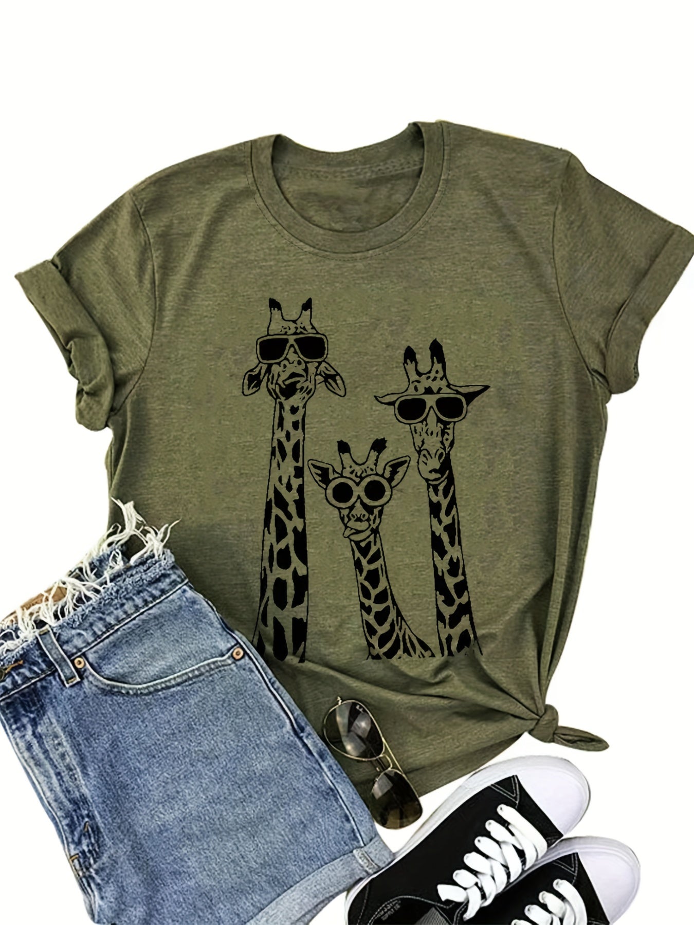 Women's Casual Short Sleeve T-Shirt with Giraffe Print & Fashion Glasses Design - Dark Blue Round Neck Tee, Machine Washable All-Season Comfort Fit, Easy Care Clothing