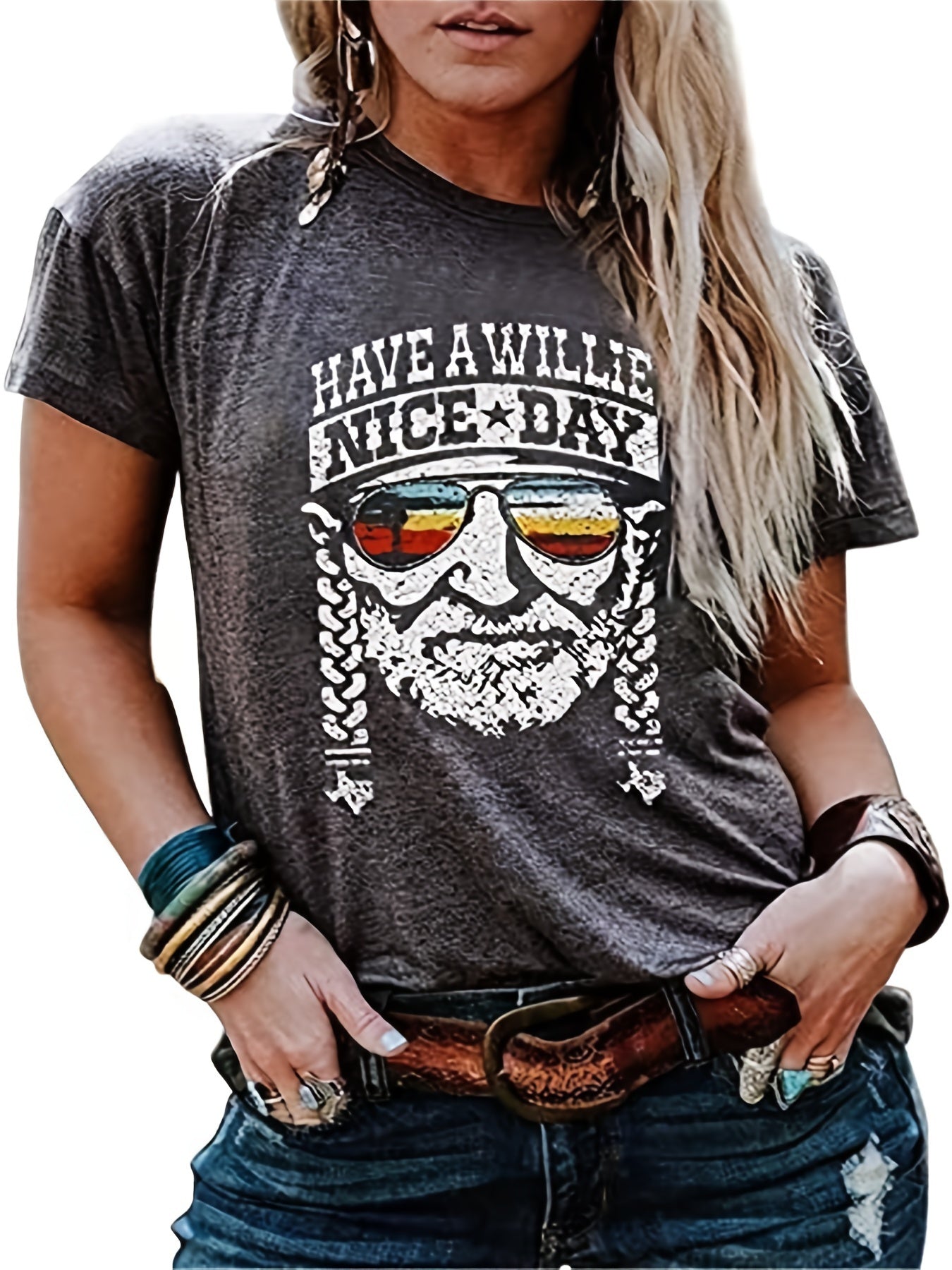 Women's Vintage Portrait Print Crew Neck T-Shirt - Smooth Polyester Micro Elasticity, Casual All-Season Top | Machine Wash Safe | Slight Stretch for Comfort