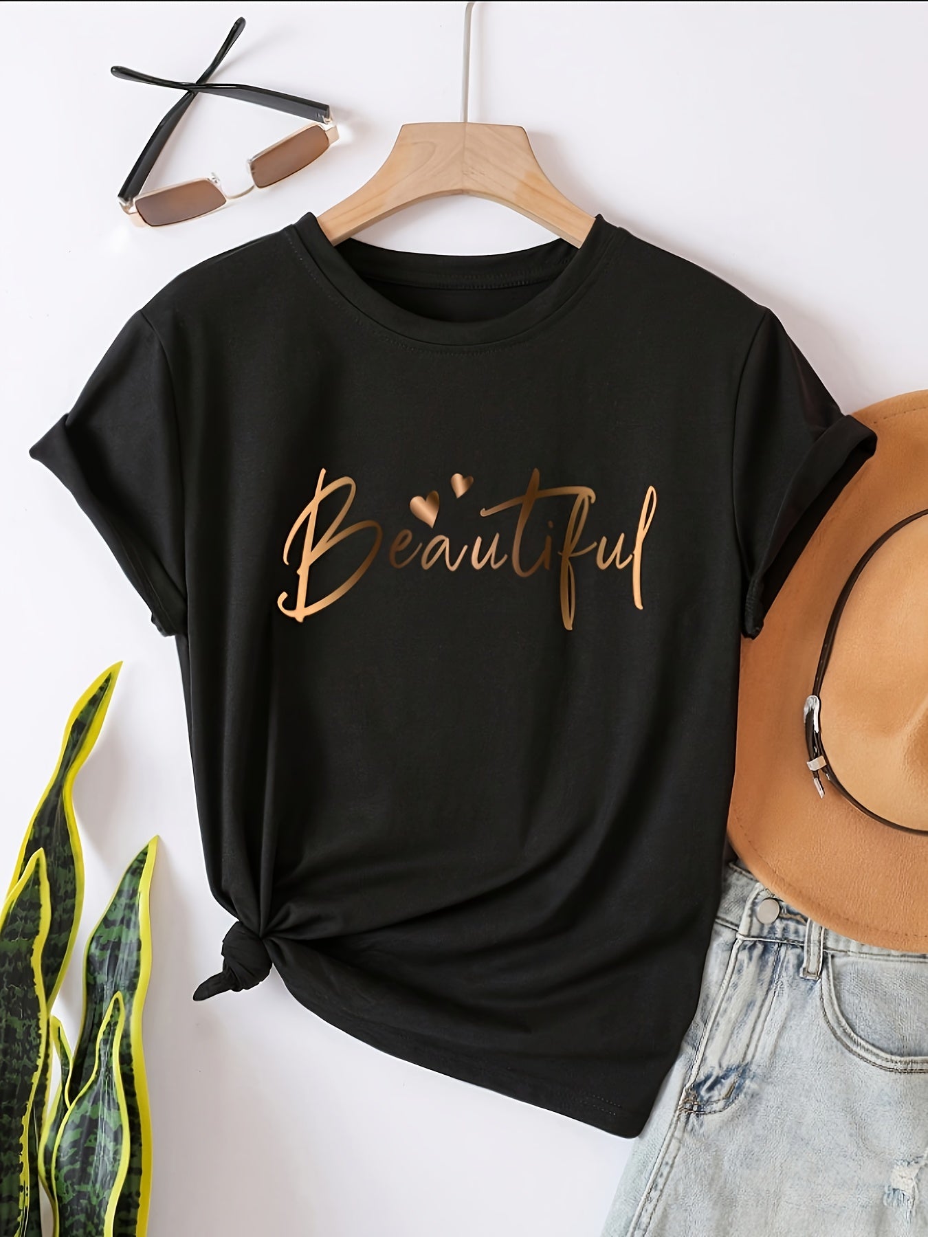 Women'S Casual Crew Neck T-Shirt with Heart & Letter Print - "Beautiful" Design, Short Sleeve, Loose Fit, Black, Perfect for Spring/Summer/Fall, Ladies T Shirts