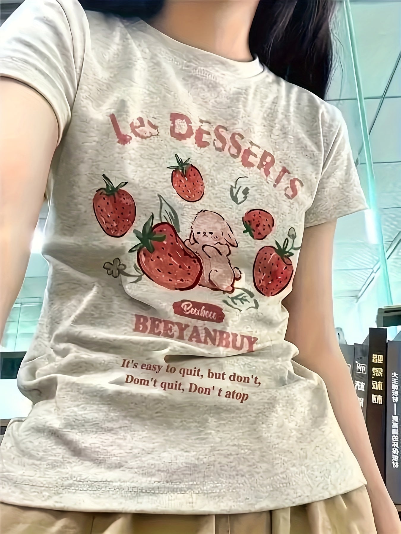 Y2K Summer New Cartoon Strawberry Harajuku Print T-shirt Short Sleeve Top Casual Women's Clothing