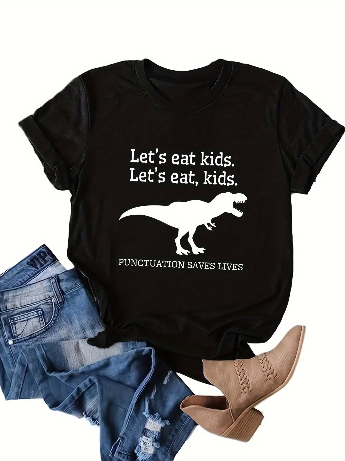 [1pc Graphic Tee] 1pc Alphabet Print Graphic Tee | Dinosaur Punctuation, Casual Crew Neck, Polyester Blend, Regular Length, 95% Polyester 5% Spandex, Summer T-Shirt for Women