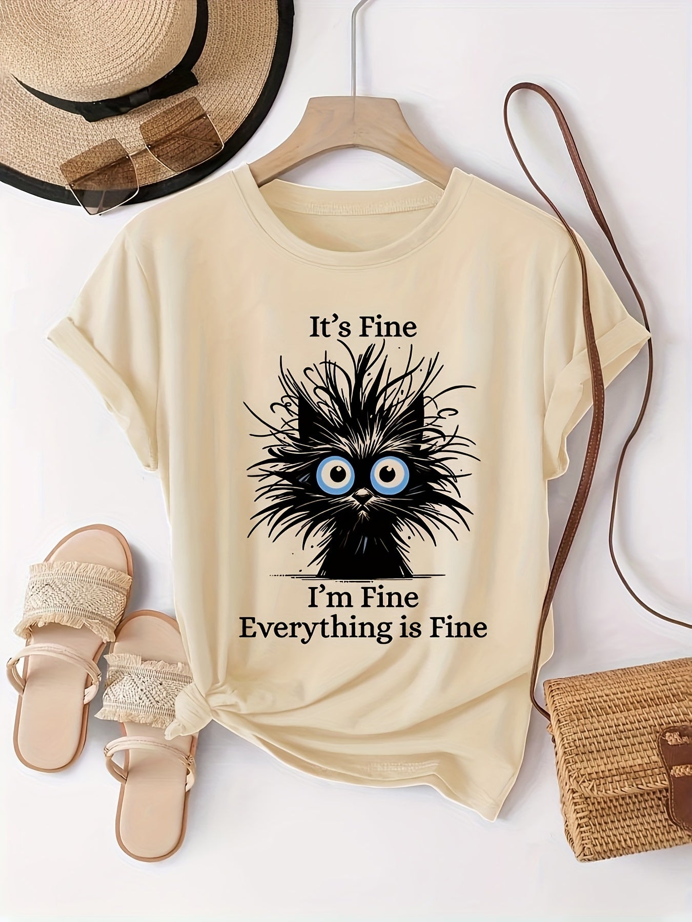 Women's Light Blue Casual Short Sleeve T-Shirt - "It's Fine I'm Fine Everything Is Fine" Sarcastic Cat Graphic Print, Round Neck Summer Fit, Medium Stretch Machine Washable Tee, Cat T Shirt, Everyday Apparel, Playful Design, Stretchy Fabric