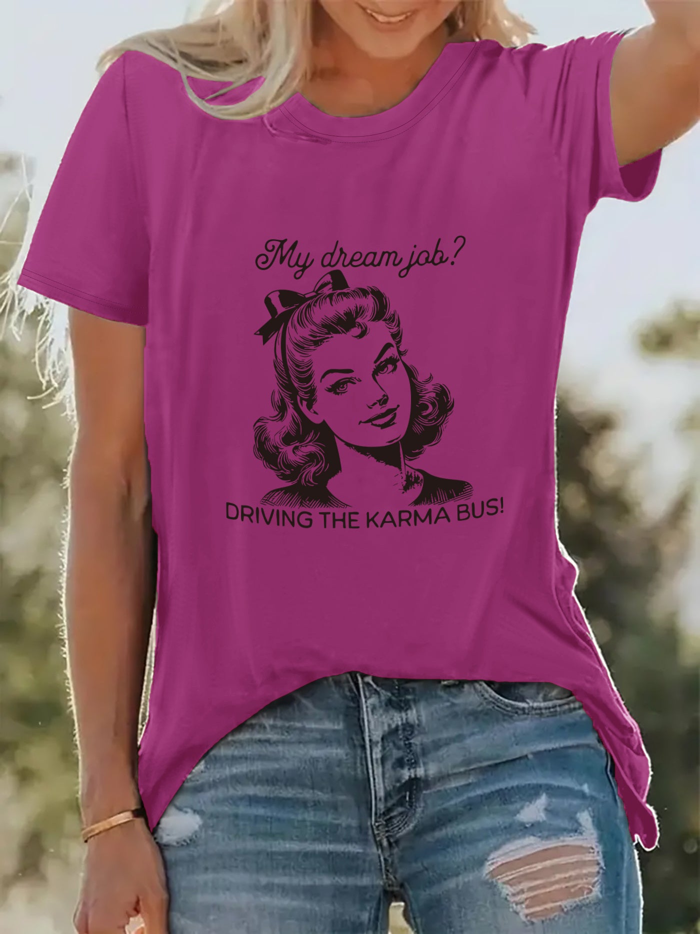 Women'S "My Dream Job? Driving the Karmabus!" Graphic Tee - Casual Crew Neck, Stretchy Polyester Blend, Short Sleeve, Machine Washable - Perfect for Spring & Summer Vacations, Vacation Clothing | Playful Print | Comfortable Fit, Ladies T Shirts