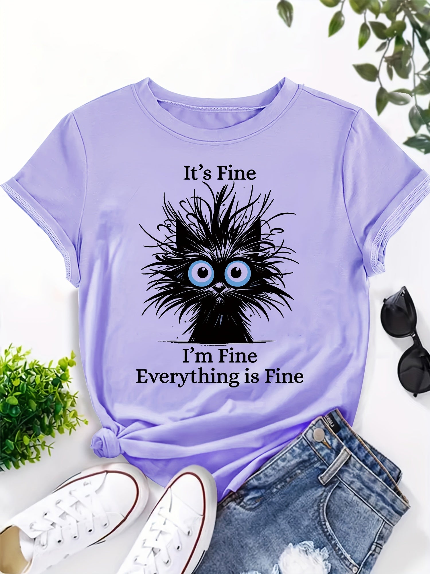 Women's Light Blue Casual Short Sleeve T-Shirt - "It's Fine I'm Fine Everything Is Fine" Sarcastic Cat Graphic Print, Round Neck Summer Fit, Medium Stretch Machine Washable Tee, Cat T Shirt, Everyday Apparel, Playful Design, Stretchy Fabric