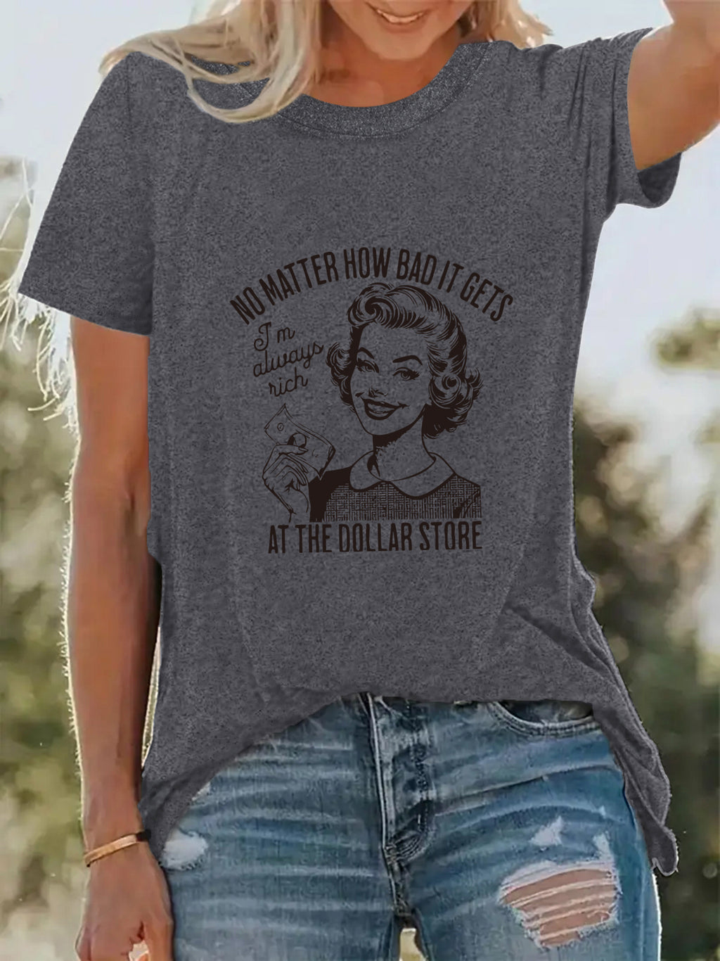 [Retro Style Tee] Pink Women's Retro Graphic T-Shirt | "I Don't Care How Bad It Gets" Vintage Illustration, Stretch Polyester Blend, Machine Washable, Casual Short Sleeve Tee, Perfect for Spring & Summer Vacations