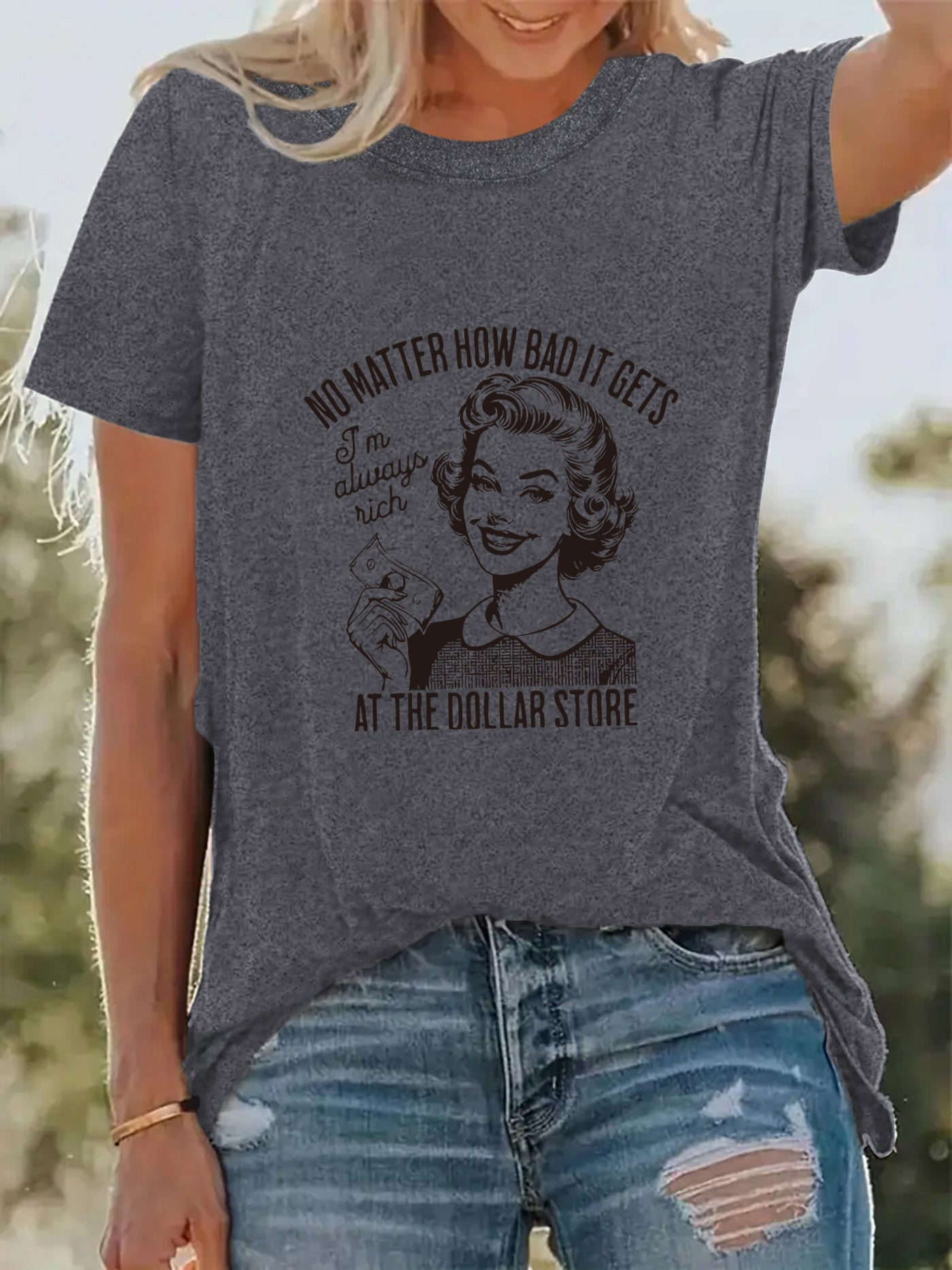 [Retro Style Tee] Pink Women's Retro Graphic T-Shirt | "I Don't Care How Bad It Gets" Vintage Illustration, Stretch Polyester Blend, Machine Washable, Casual Short Sleeve Tee, Perfect for Spring & Summer Vacations