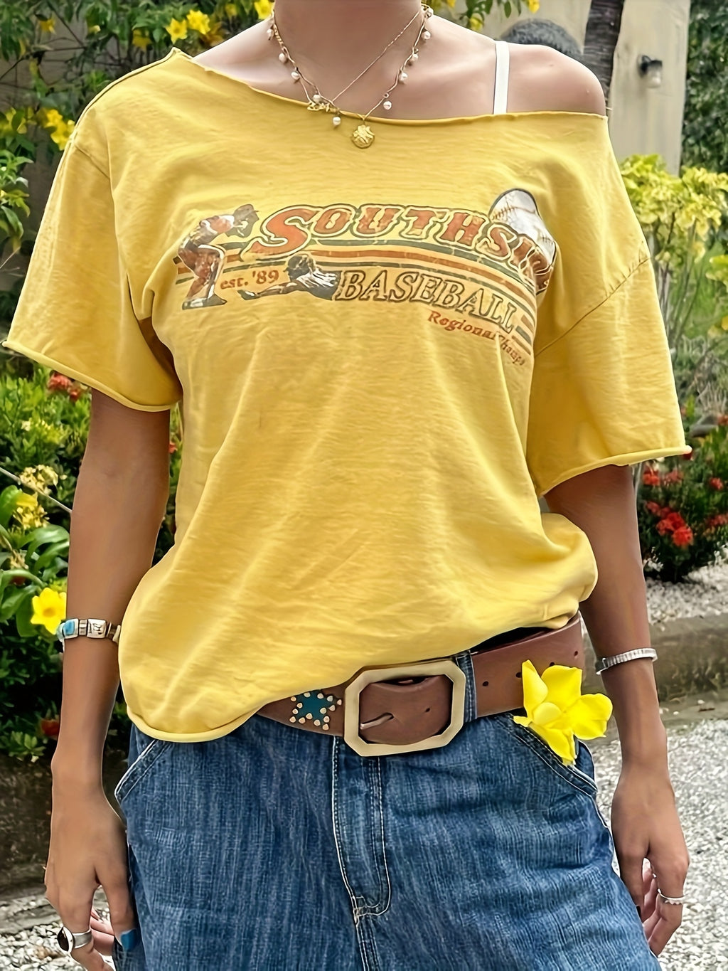 Women's Summer Casual Elegant Ruffled Sleeve T-Shirt - Vibrant Yellow with Retro "Southwest 1987" Letter Print, Asymmetrical Neckline & Relaxed Fit, Machine Washable
