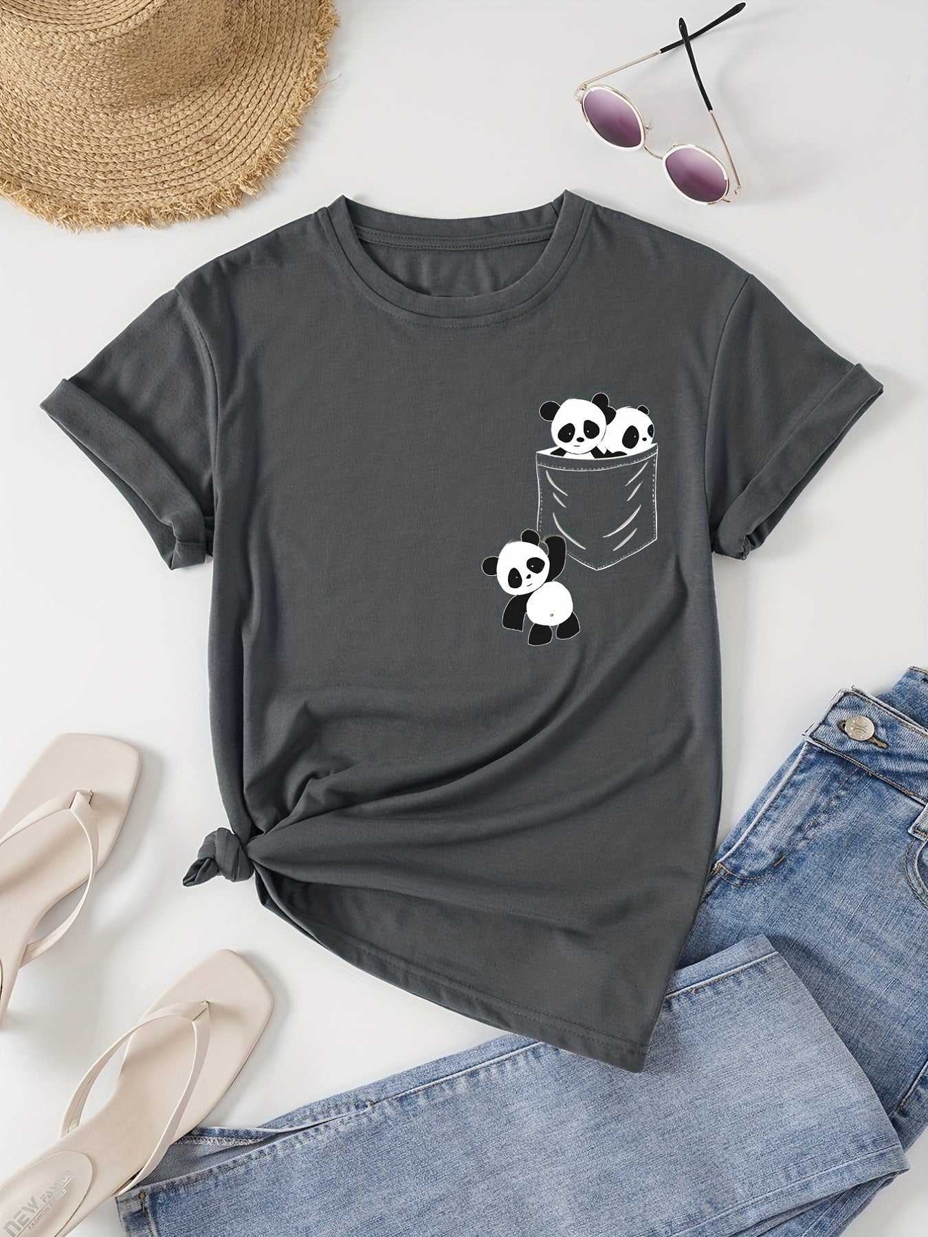 Panda Print Crew Neck T-Shirt, Casual Short Sleeve T-Shirt For Spring & Summer, Women's Clothing