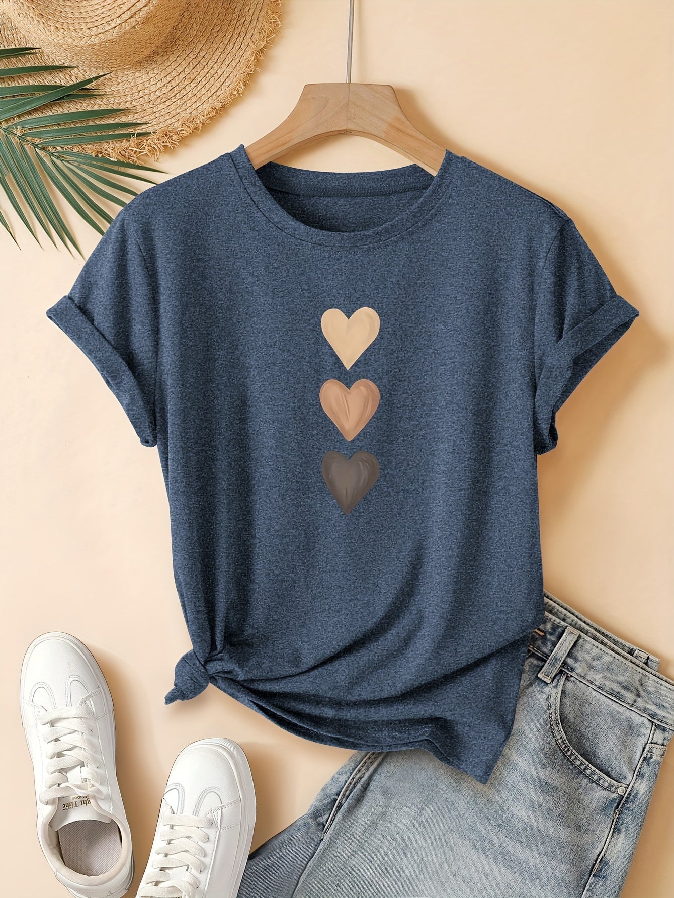 Women'S Retro Heart Print T-Shirt - Casual & Sporty Round Neck Short Sleeve Top, Medium Stretch, Dark Gray with Golden Hearts, Perfect for Spring/Summer/Fall, Casual Summer Top | Retro Heart Design | Medium Stretch Fabric