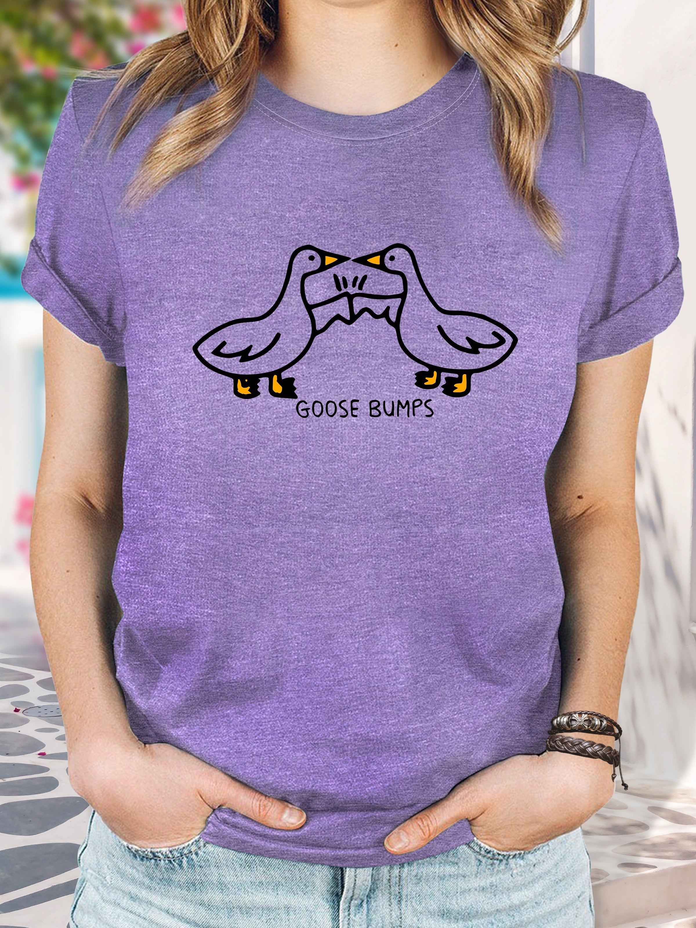 Women's Navy Blue Goose Bumps Graphic T-Shirt - Vintage Casual Short Sleeve Top with Playful Goose Design, Round Neck, Machine Washable, Spring Summer Fall Essential (S-XXL), Spring Summer Apparel, Animal Print Shirt, Comfortable Fit Shirt