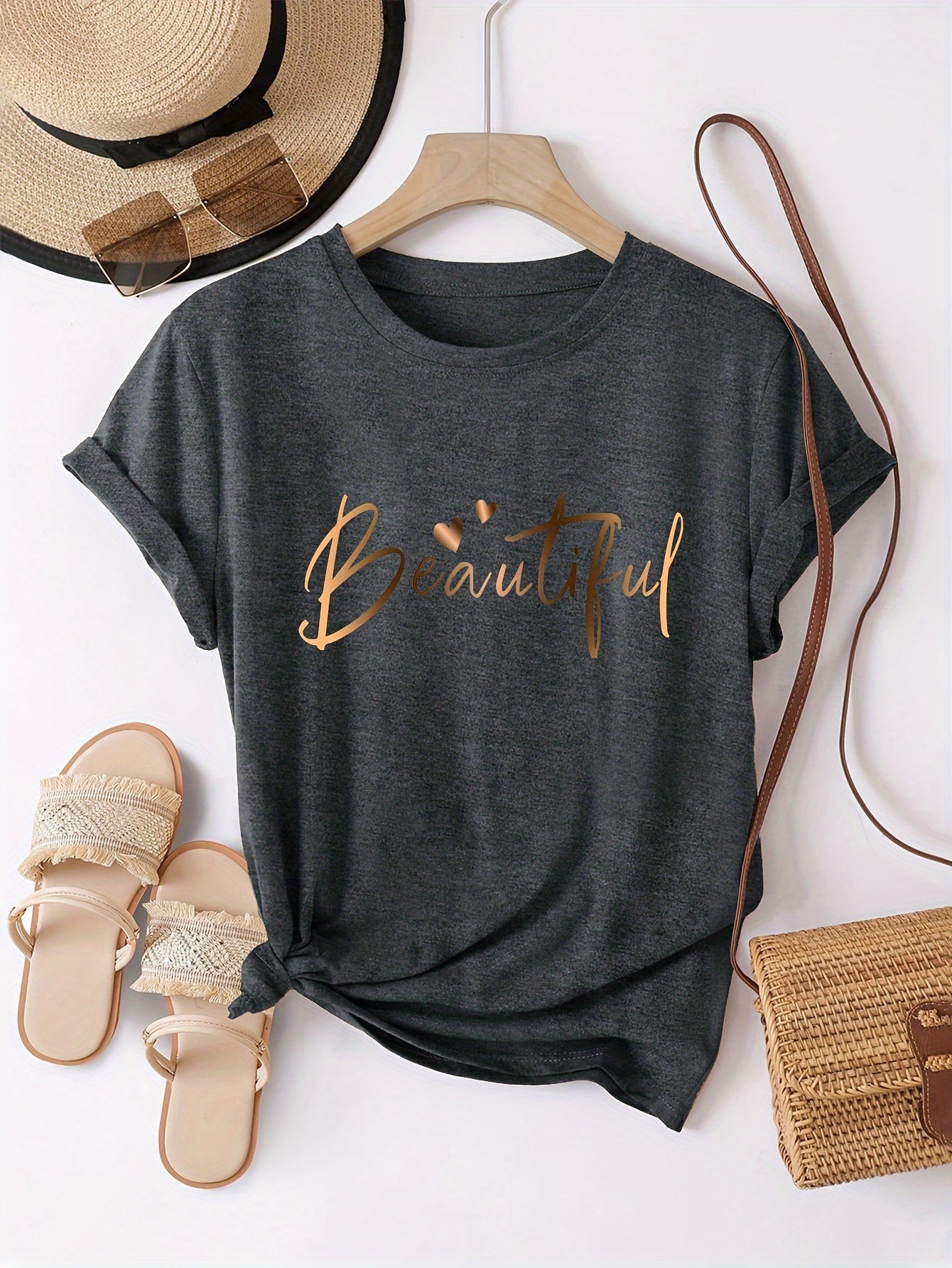 Women'S Casual Crew Neck T-Shirt with Heart & Letter Print - "Beautiful" Design, Short Sleeve, Loose Fit, Black, Perfect for Spring/Summer/Fall, Ladies T Shirts